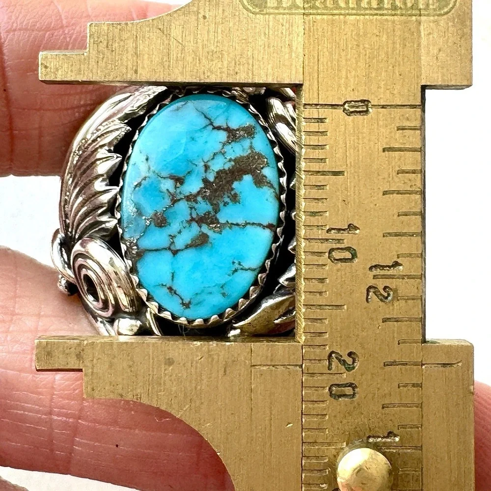 Navajo Turquoise Mens Ring Sz 11 Leaf Feather Signed Morgan Sterling Native Amer